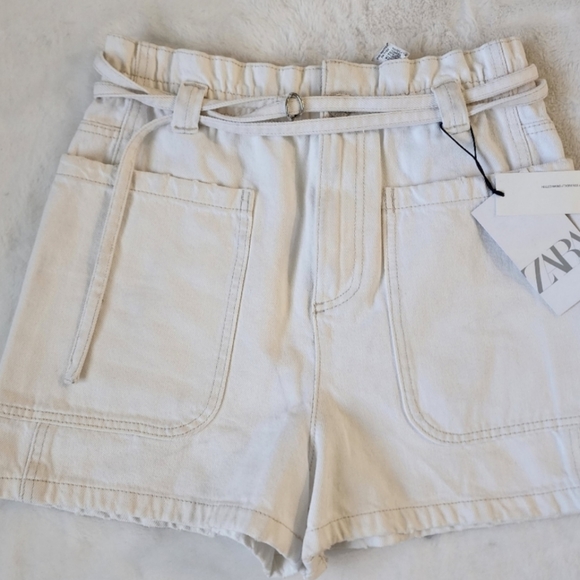 ❌️SOLD❌️NWT ZARA WHITE DENIM HIGH WAISTED PAPERBAG BERMUDA SHORTS - Picture 5 of 14